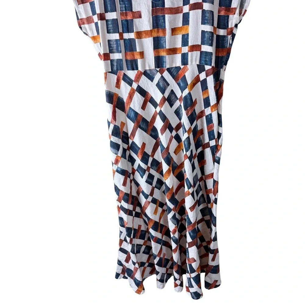 FOIL Linen Midi Dress Womens 6 Abstract Geometric Brushstroke‎ V-Neck Pockets